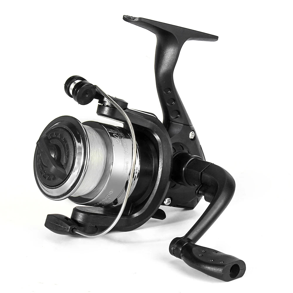 Black and silver spinning fishing reel with handle, outdoor gear for anglers