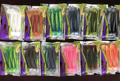 Colorful soft plastic fishing lures in packaging, assorted styles for outdoor fishing.