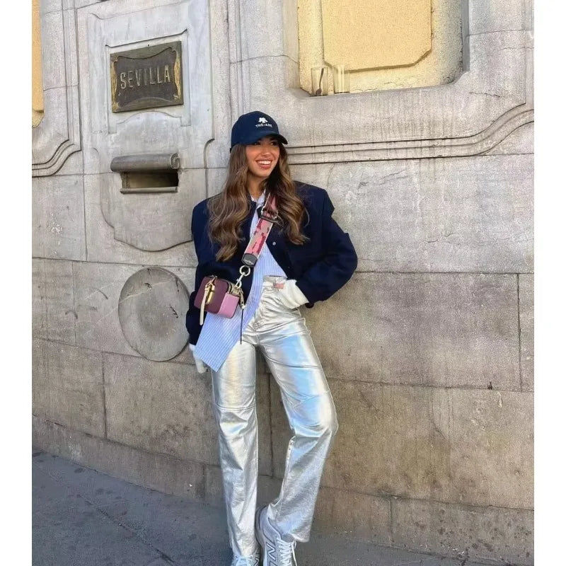 Woman Bomber Jacket White Autumn Winter Button Cropped Jackets Women Fashion Long Sleeve Coats