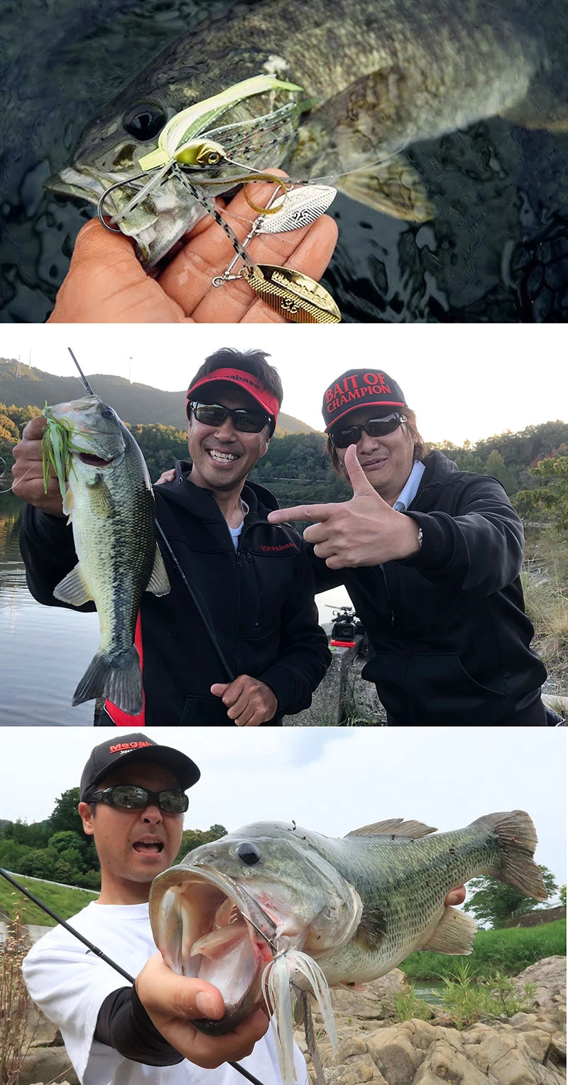 Anglers fishing outdoors showing off largemouth bass caught with spinnerbait lures near a lake.