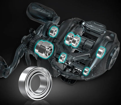 Transparent fishing reel showing internal ball bearings and close-up metal bearing