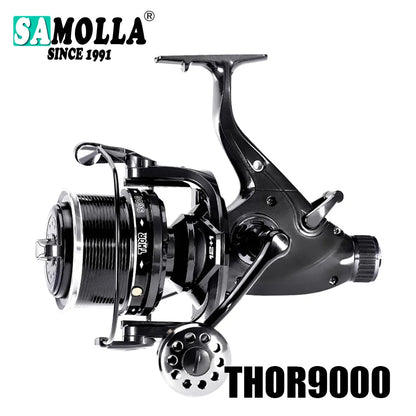 Black SAMOLLA THOR9000 fishing reel with metal spool and handle, outdoor gear.