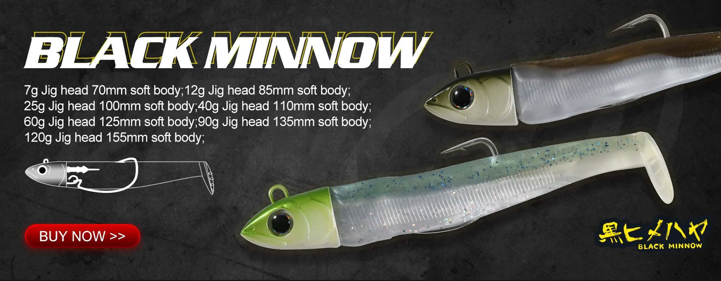 Realistic soft plastic fishing lures with jig heads, labeled Black Minnow, on dark background.