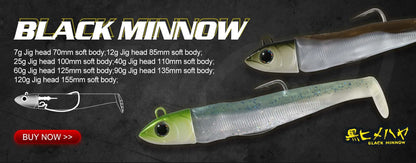 Realistic soft plastic fishing lures with jig heads, labeled Black Minnow, on dark background.