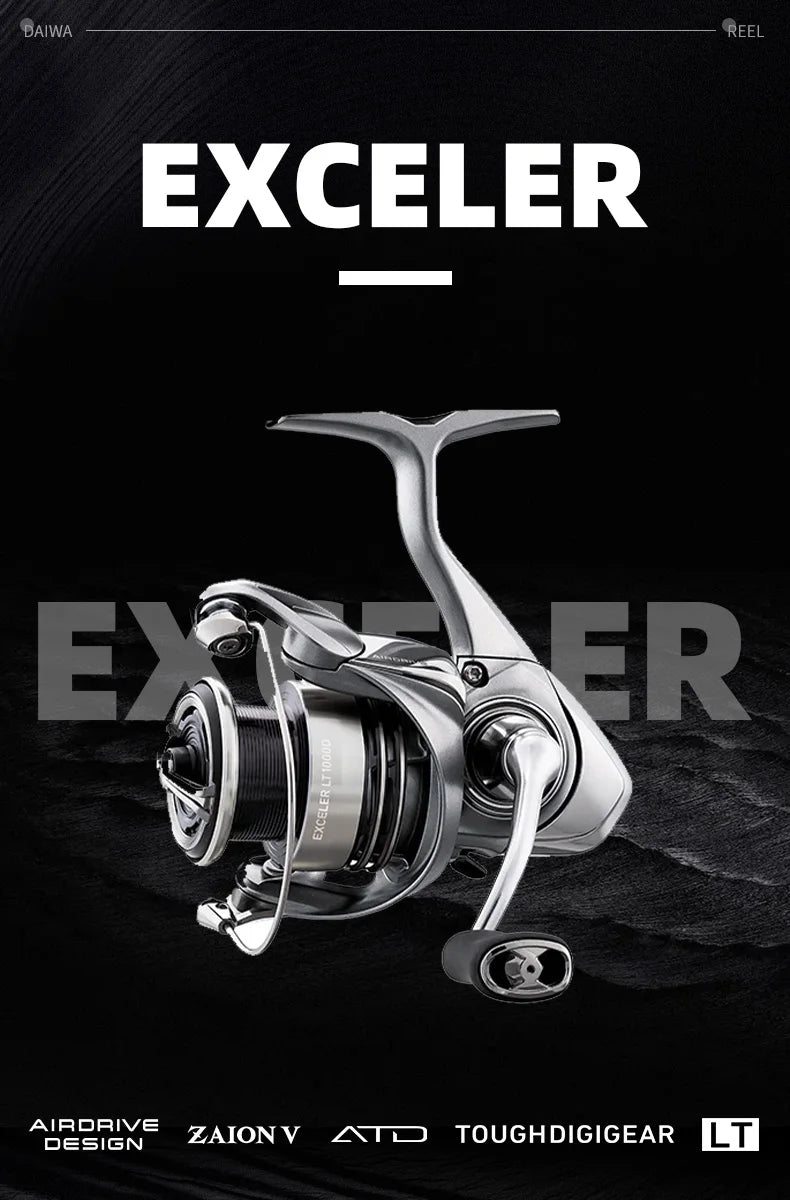 Daiwa Exceler LT spinning fishing reel with ergonomic handle and modern design on black background