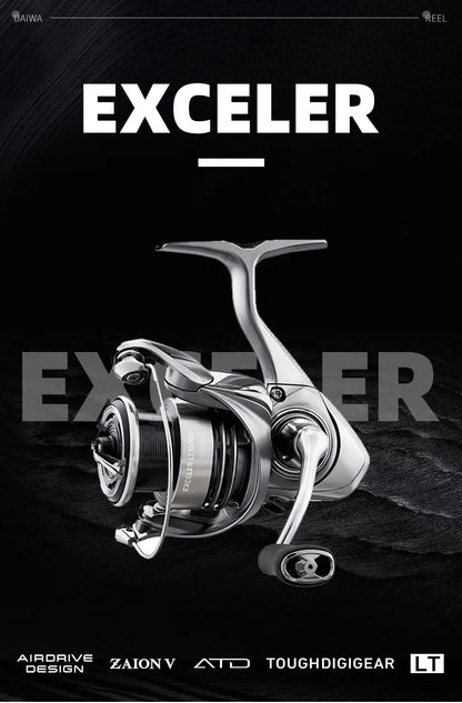Daiwa Exceler LT spinning fishing reel with ergonomic handle and modern design on black background