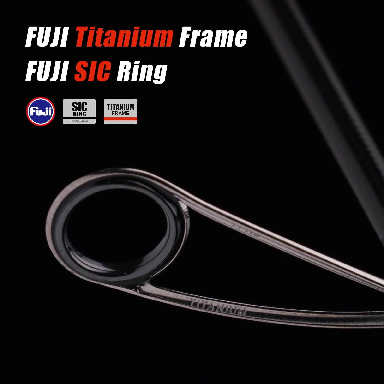 Close-up of a Fuji Titanium Frame and SIC Ring with brand logos on a black background