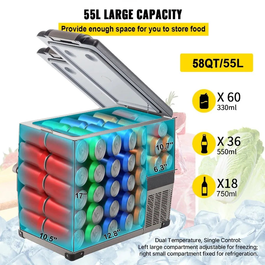 12 Volt Refrigerator 58 Qt Dual Zone Portable Freezer Cooler with 12/24V DC and 110-240V AC for Car Truck RV Camping Home Use i