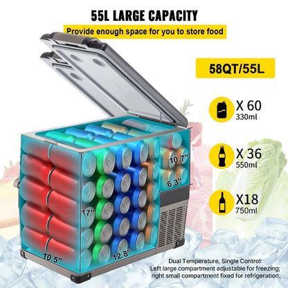 12 Volt Refrigerator 58 Qt Dual Zone Portable Freezer Cooler with 12/24V DC and 110-240V AC for Car Truck RV Camping Home Use i