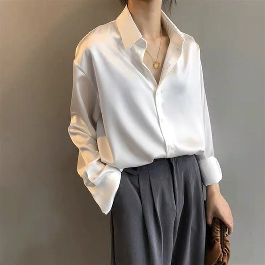 Casual Long Sleeve Blouse with Turn-down Collar for Women