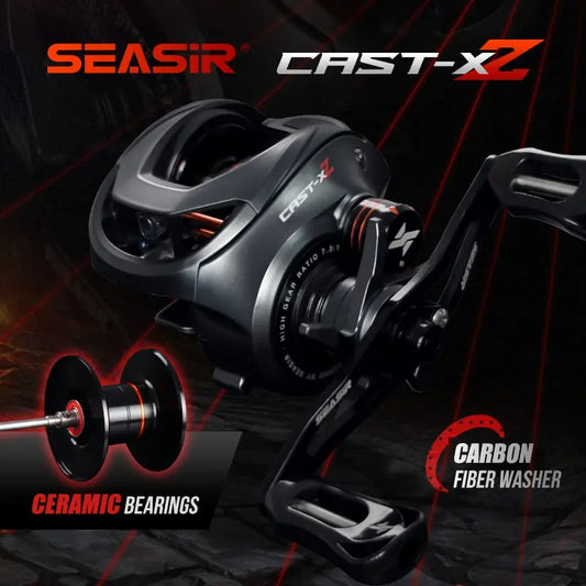 High-performance baitcasting fishing reel with ceramic bearings and carbon fiber washer on dark background.