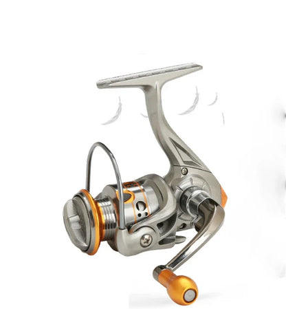 Lightweight silver and orange spinning fishing reel for outdoor gear and travel accessories