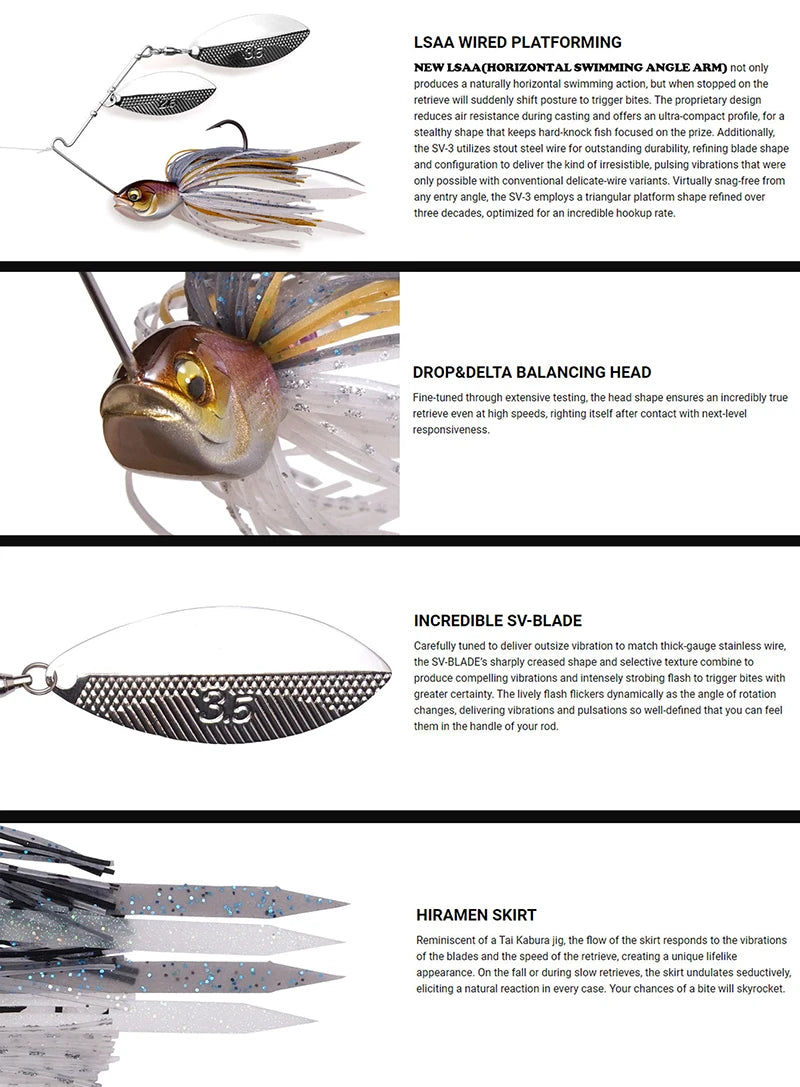 Close-up of a detailed fishing lure with spinner blades, lifelike fish head, and textured skirt, designed for optimal angling performance.