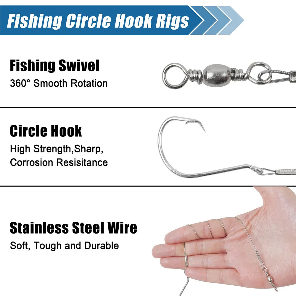 10 Premium Circle Hooks with Steel Leaders for Saltwater Fishing