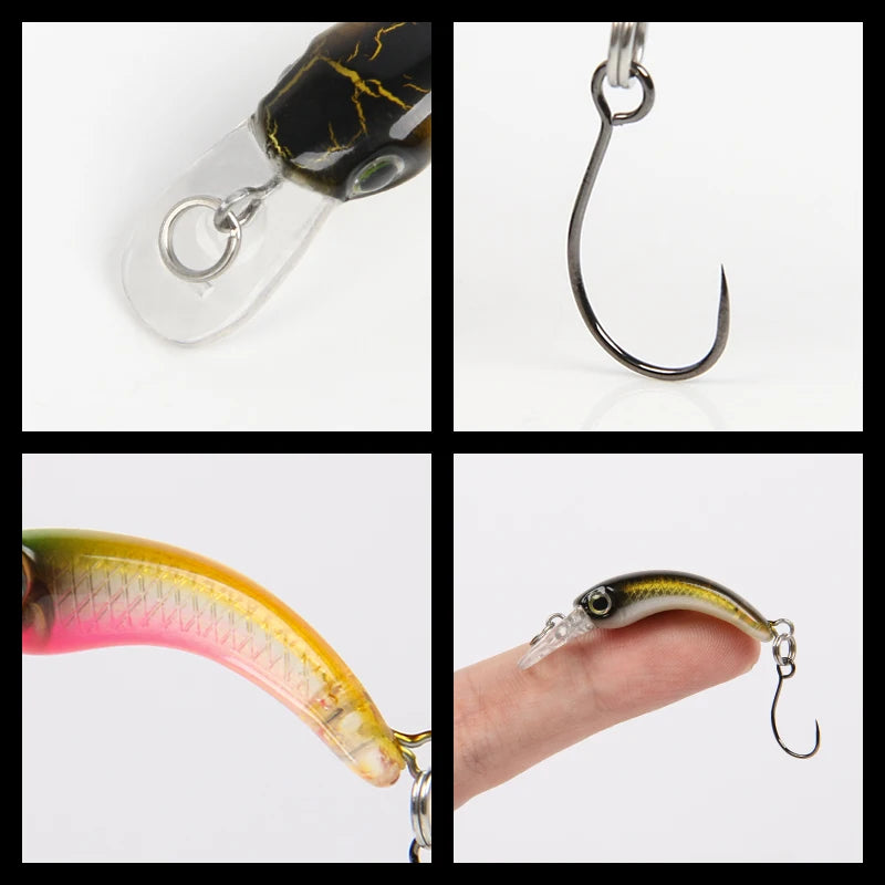 Close-up collage of a colorful fishing lure with sharp hook, detailed for outdoor angling.