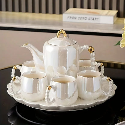 Elegant European Pearl Glazed Porcelain Tea Set for Entertaining