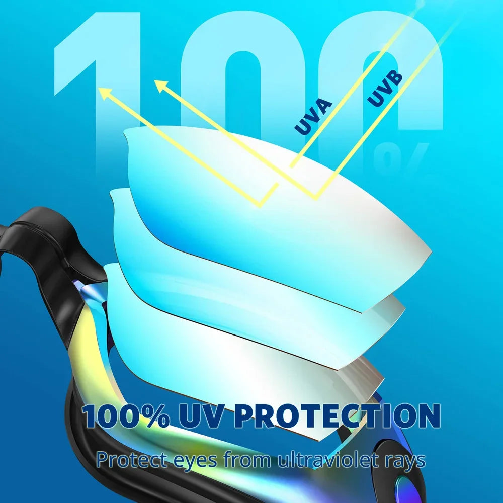HookUpCo anti-fog UV swim goggles with blue lenses and black frame for 100% UV protection.