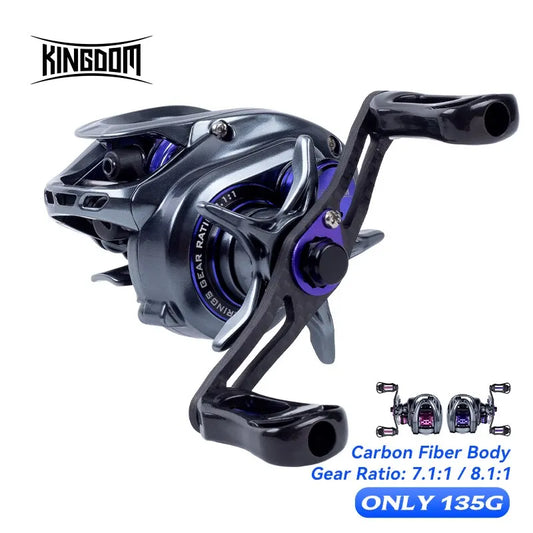Lightweight carbon fiber baitcasting fishing reel with dual handle, gear ratio 7.1:1 or 8.1:1, metallic finish.