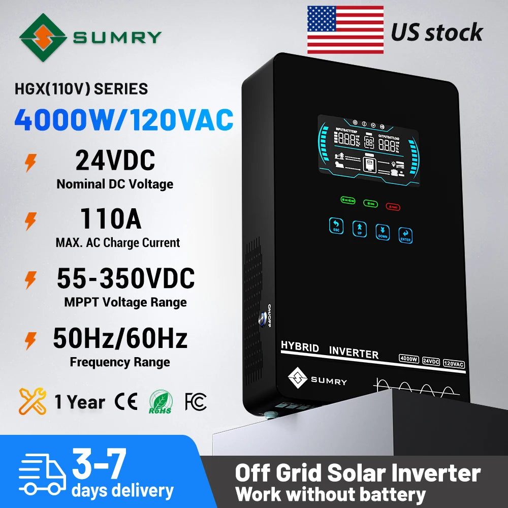 Sumry 4KW 120V Off Grid Solar Inverter 24V 140A 5600W MPPT Charger Pure Sine Wave Home Inverter 6.25 Inch LCD Display