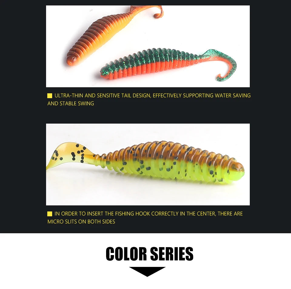 Colorful soft plastic fishing lures with ribbed bodies and curly tails, ideal for angling.