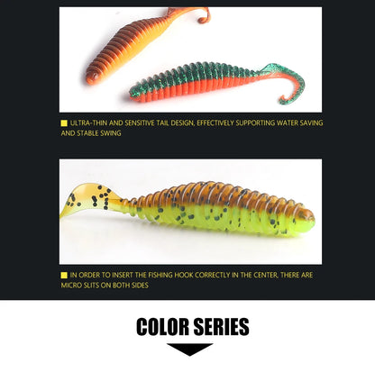 Colorful soft plastic fishing lures with ribbed bodies and curly tails, ideal for angling.