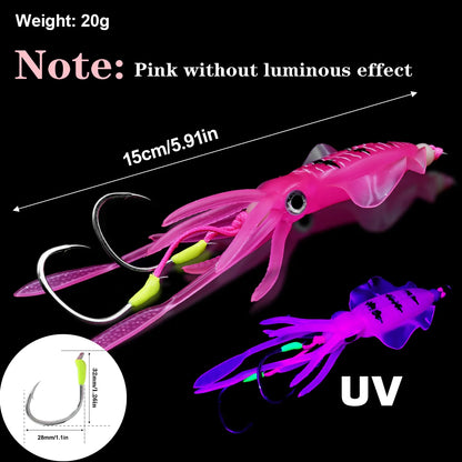 Luminous Squid Lures with Double Assist Hooks for Fishing