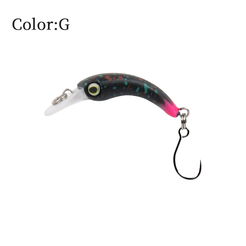 Black and pink fishing lure with single hook, speckled pattern, and curved body, color G.