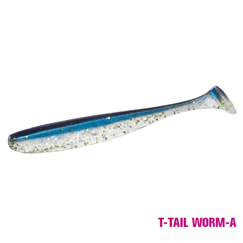 Soft plastic T-tail fishing lure with blue top and glitter, labeled T-Tail Worm-A