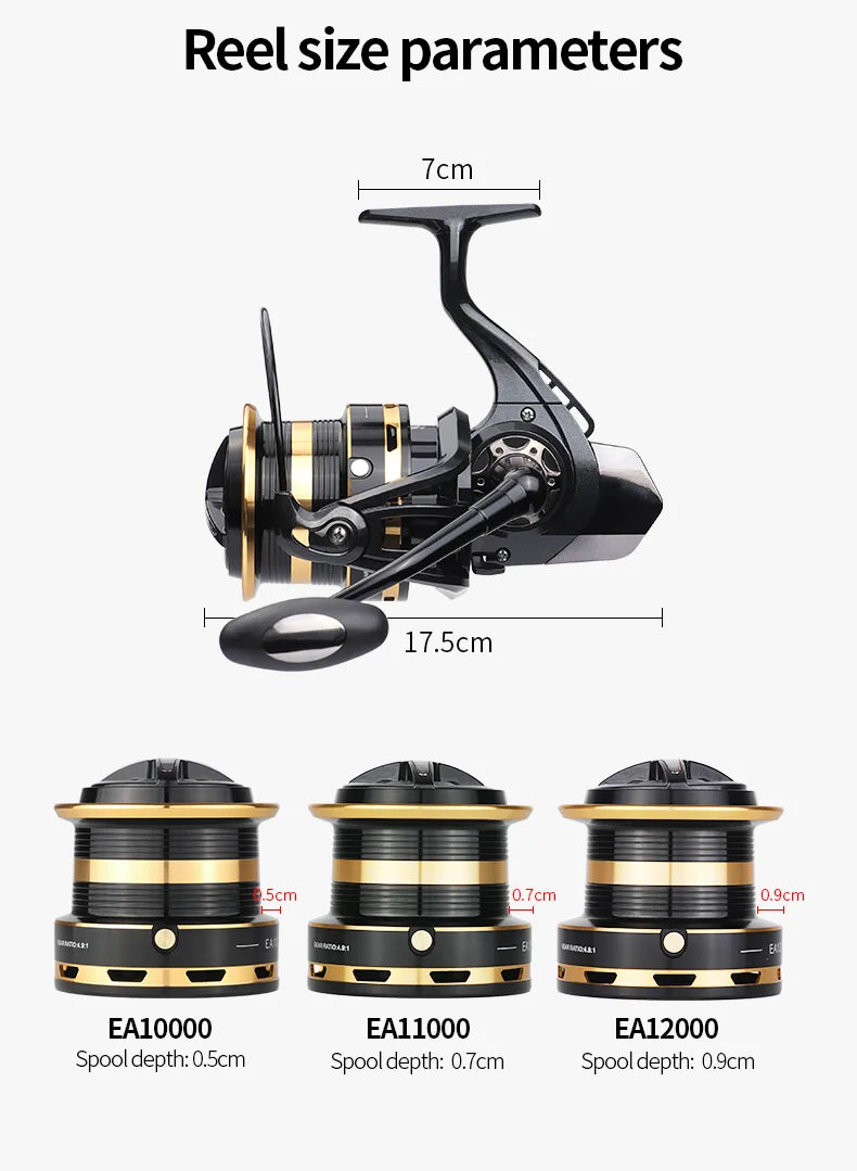 Fishing reel size parameters with gold and black spools EA10000, EA11000, EA12000.