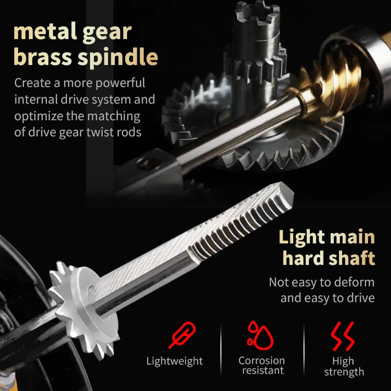 Close-up of metal gear brass spindle and lightweight hard shaft for durable outdoor gear, highlighting corrosion resistance and high strength.