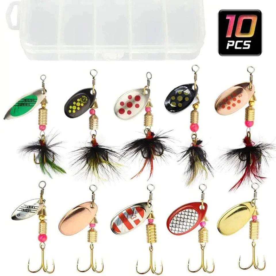 Set of 10 colorful metal fishing lures with treble hooks and feathers, displayed with case.