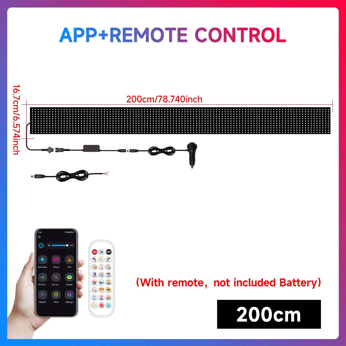LED strip light with app and remote control, dimensions, and accessories displayed.