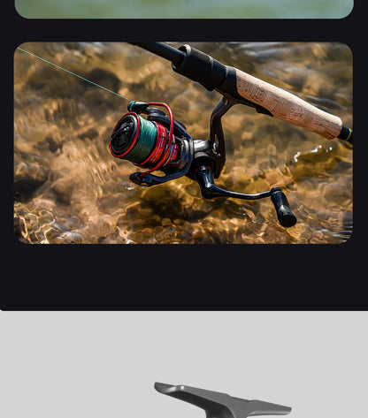Close-up of a fishing rod and spinning reel with line over clear river water, outdoor gear