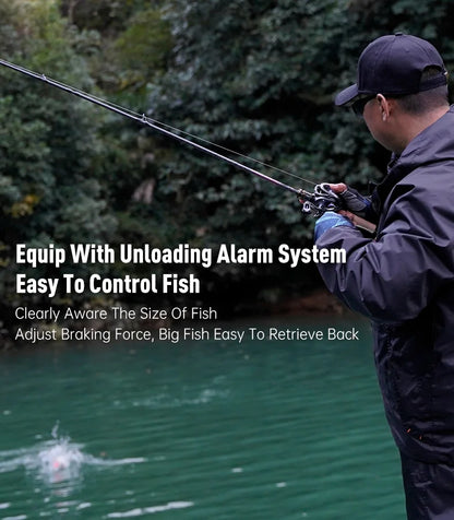 Man fishing by a forest lake using a rod with an unloading alarm system, outdoor gear focus