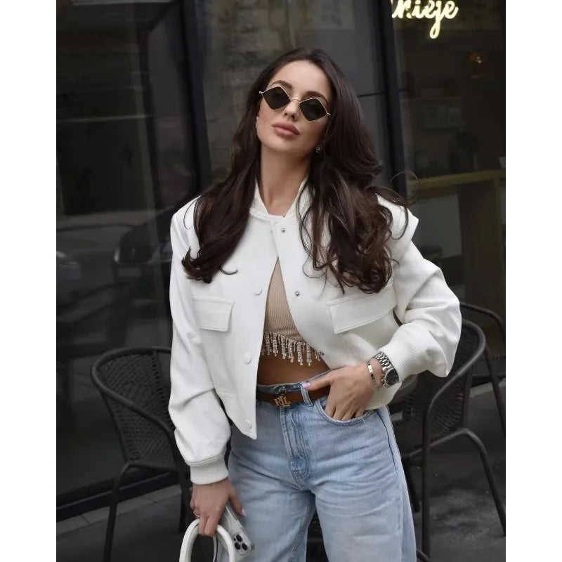 Woman Bomber Jacket White Autumn Winter Button Cropped Jackets Women Fashion Long Sleeve Coats