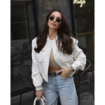 Woman Bomber Jacket White Autumn Winter Button Cropped Jackets Women Fashion Long Sleeve Coats