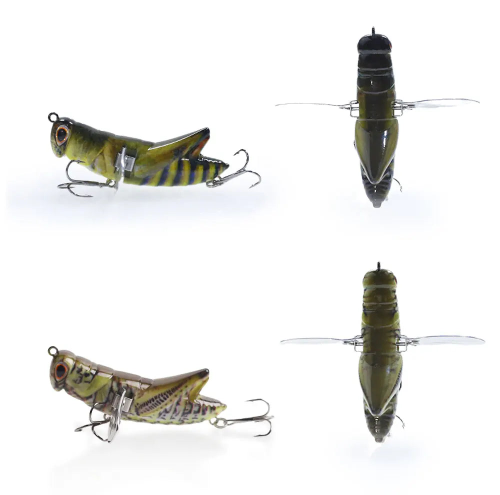 Realistic grasshopper fishing lures with treble hooks shown from side and top views on white background.