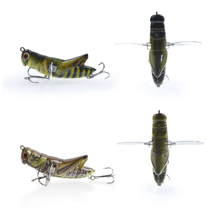 Realistic grasshopper fishing lures with treble hooks shown from side and top views on white background.