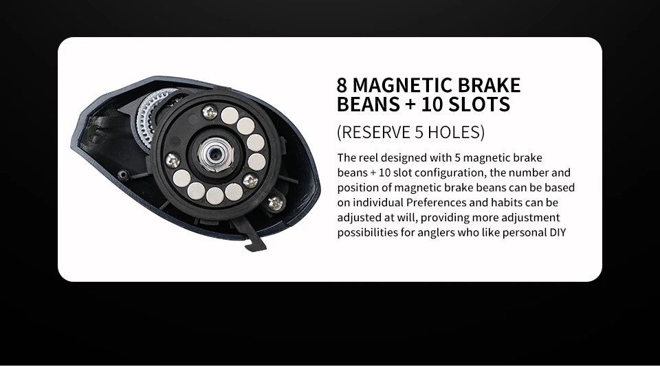 Fishing reel magnetic brake system with 8 brake beans and 10 adjustment slots close-up.