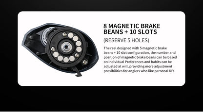 Fishing reel magnetic brake system with 8 brake beans and 10 adjustment slots close-up.