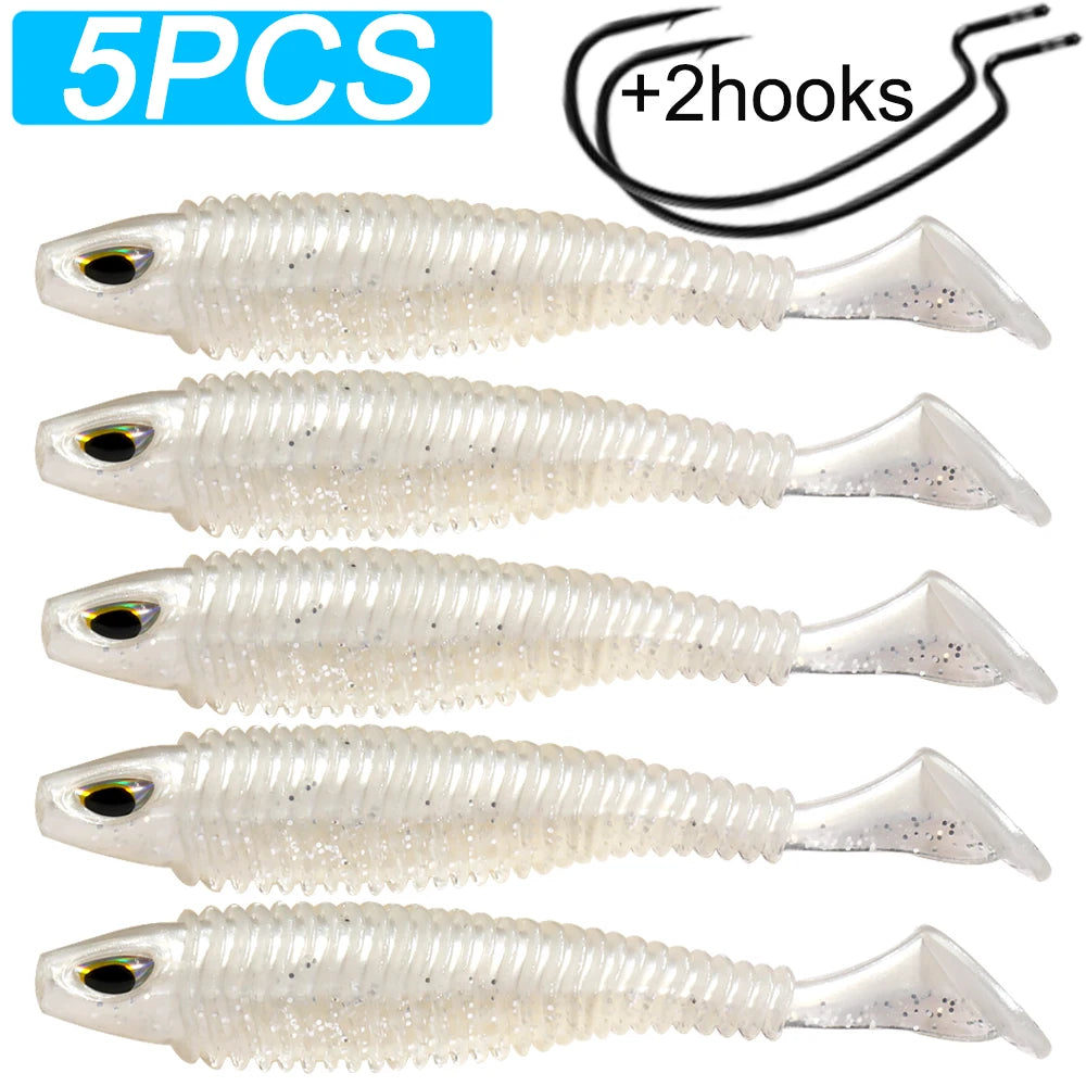 Set of five transparent soft plastic fishing lures with two hooks for outdoor fishing