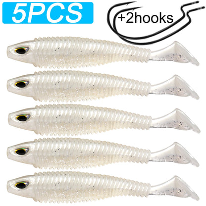 Set of five transparent soft plastic fishing lures with two hooks for outdoor fishing