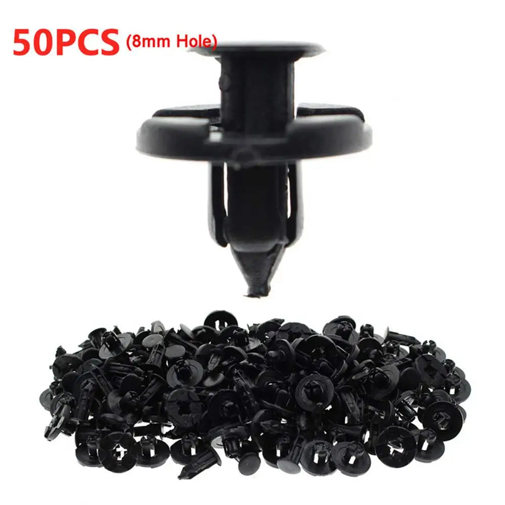 Pack of black HookUpCo 8mm auto bumper clips with snap-pin head and push-in fastener legs.