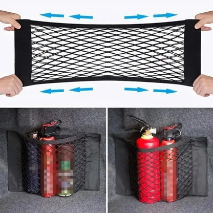 Black mesh storage organizer with fire extinguishers inside on a gray background