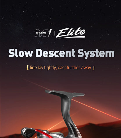 Fishing reel with slow descent system, dark background, text features line lay benefit