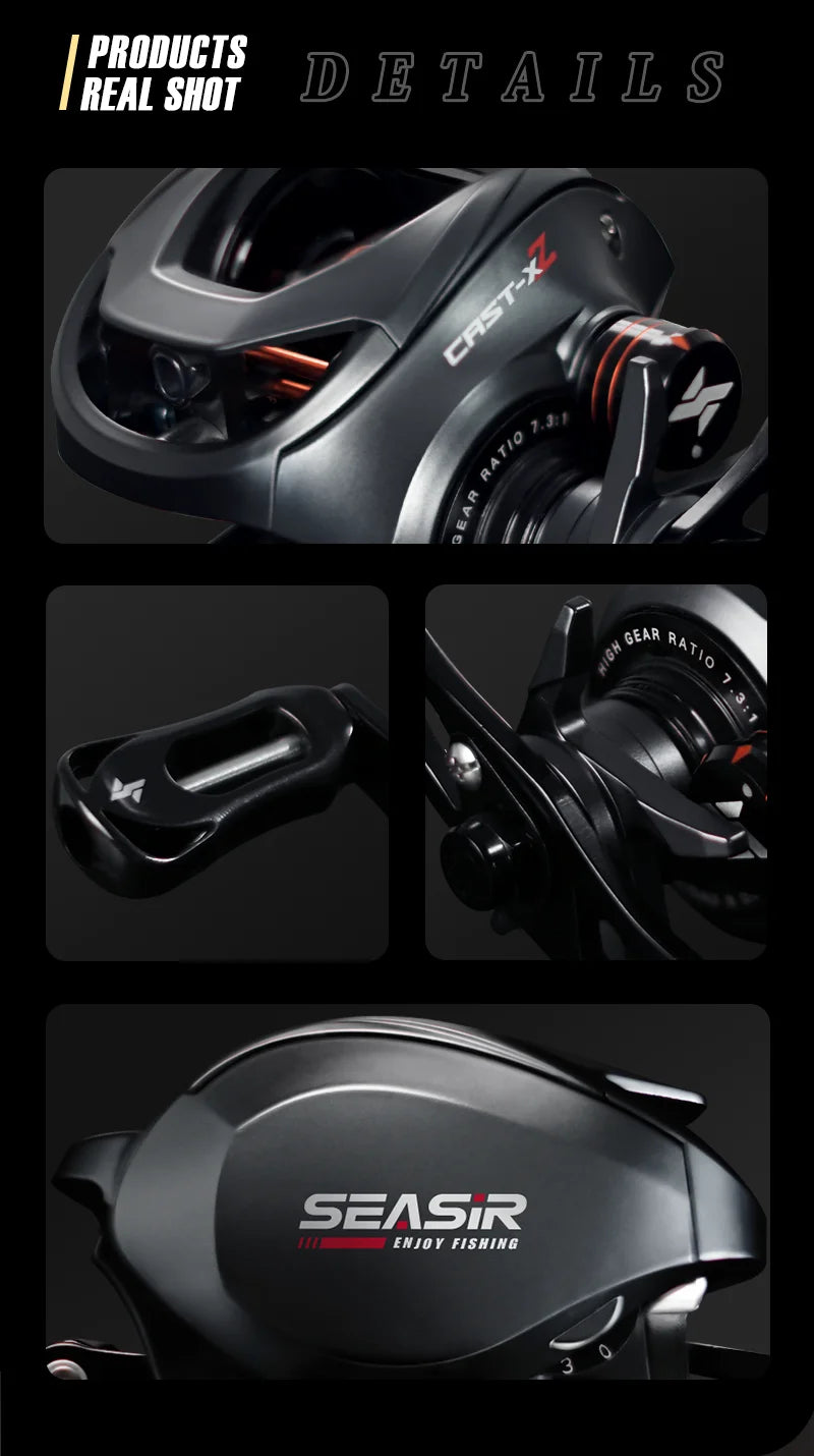 Close-up collage of SEASIR baitcasting fishing reel with black matte finish and high gear ratio details.