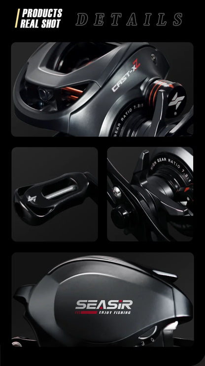Close-up collage of SEASIR baitcasting fishing reel with black matte finish and high gear ratio details.