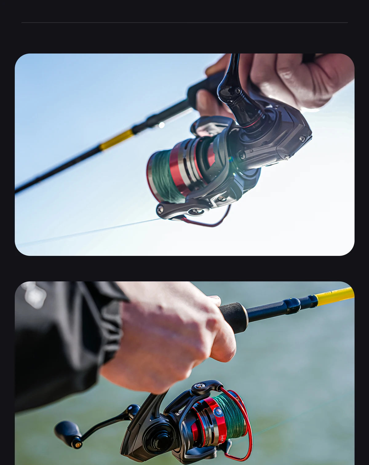 Close-up of hand holding a fishing rod with spinning reel outdoors, ideal for fishing gear.