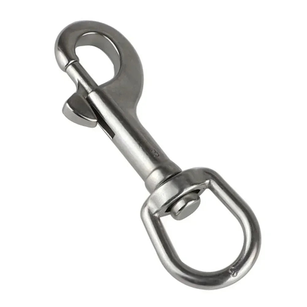 HookUpCo 316 stainless steel swivel eye snap hook with hinged spring latch.