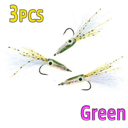 Set of 3 green artificial fishing lures with hooks and lifelike tails on white background.